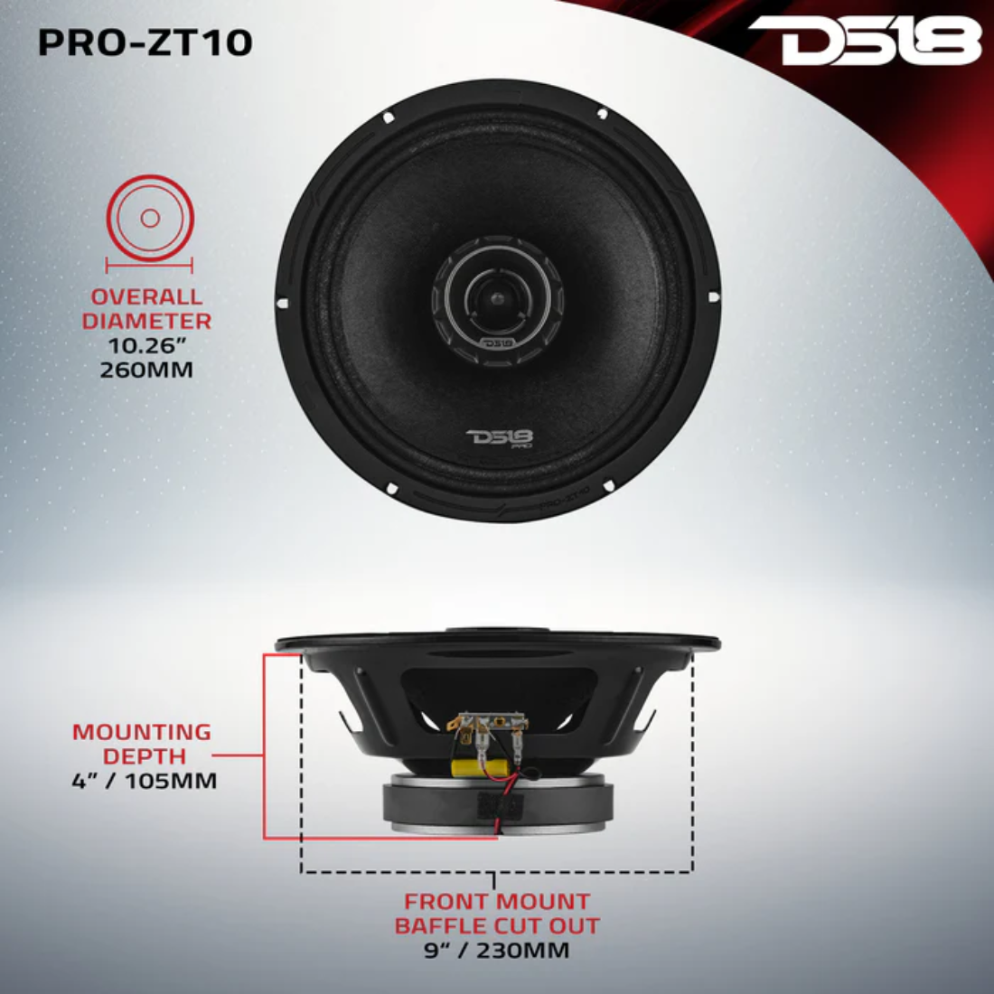 DS18 PRO-ZT10 10" 600W Max Coaxial Mid-Range Speaker w/ Built-in Bullet Tweeter
