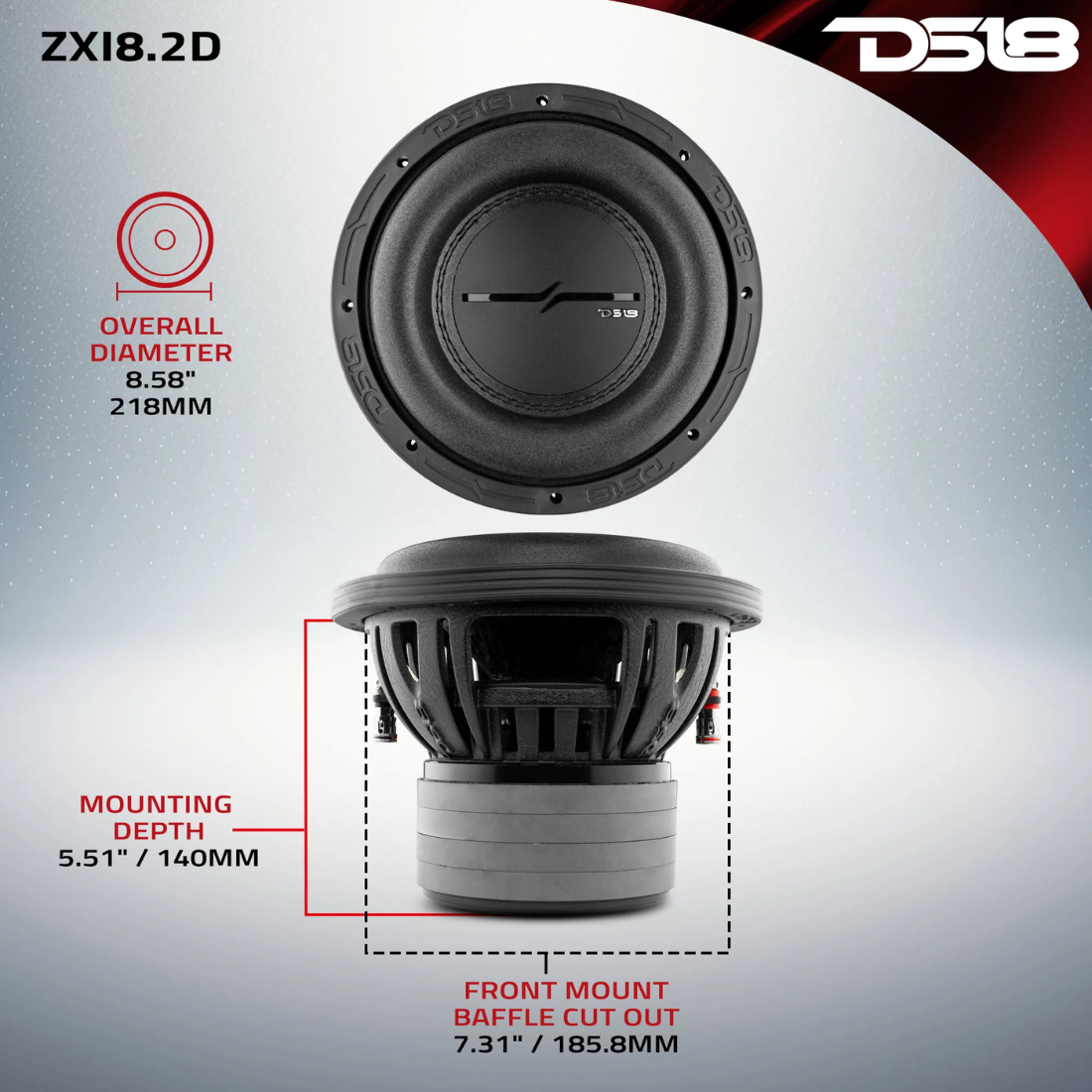 DS18 ZXI8.2D 8" 1200W Max Dual 2-Ohm DVC High Excursion Quad Stack Car Subwoofer
