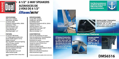 Dual Electronics DMS6516 6.5" 2-Way 300W Peak Marine Speakers w/ Blue LED Light