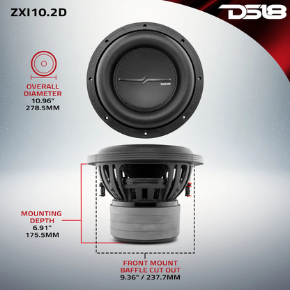 DS18 ZXI10.2D 10" 1600W Max Dual 2-Ohm DVC Quad Stacked Car Audio Subwoofer
