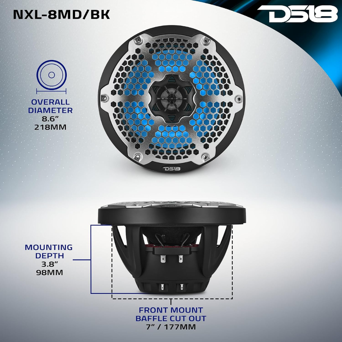 DS18 NXL-8MD/BK 8" 2-Way 700W Max 4-Ohm Hybrid Marine Speakers w/ RGB (Black)