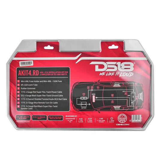 DS18 AKIT4.RD 4 Gauge Amplifier Installation Wiring Kit Up to 1680W RMS (RED)