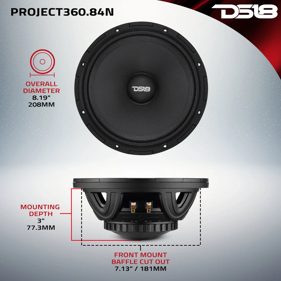 DS18 PROJECT360.84N 8" 700W Max 4-Ohm Neodymium Mid-High Car Loudspeaker