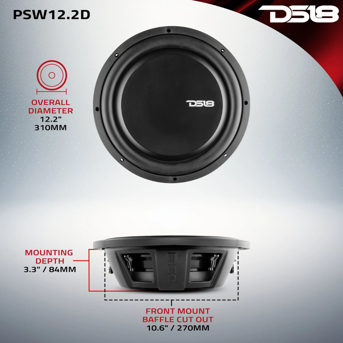 DS18 PSW12.2D 12" 1200W Max Dual 2-Ohm Water-Resistant Shallow Mount Subwoofer