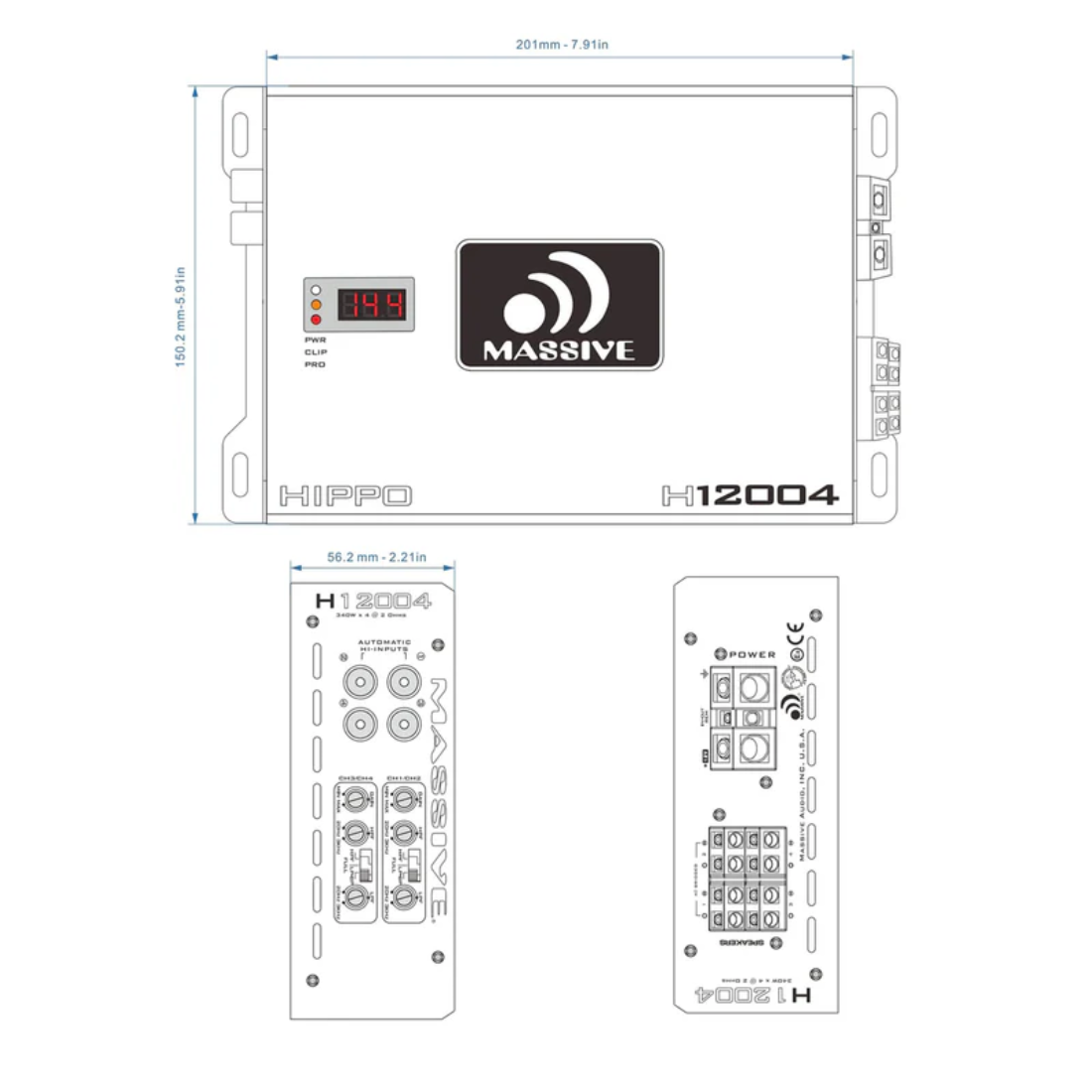 Massive Audio H12004 4-Channel 200W RMS x 4 @ 4-Ohm Full-Range Digital Amplifier