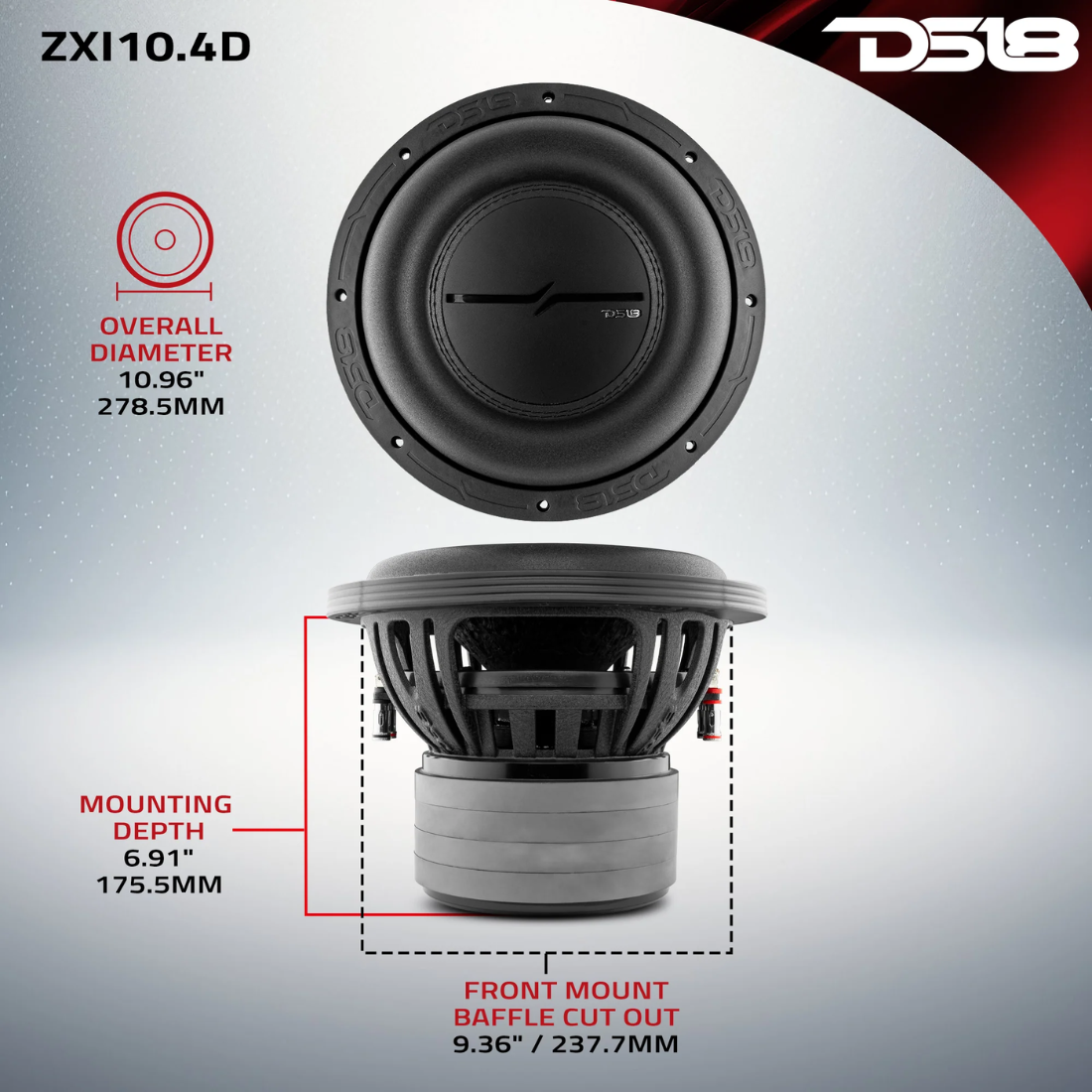 DS18 ZXI10.4D 10" 1600W Max Dual 4-Ohm DVC Quad Stacked Car Audio Subwoofer