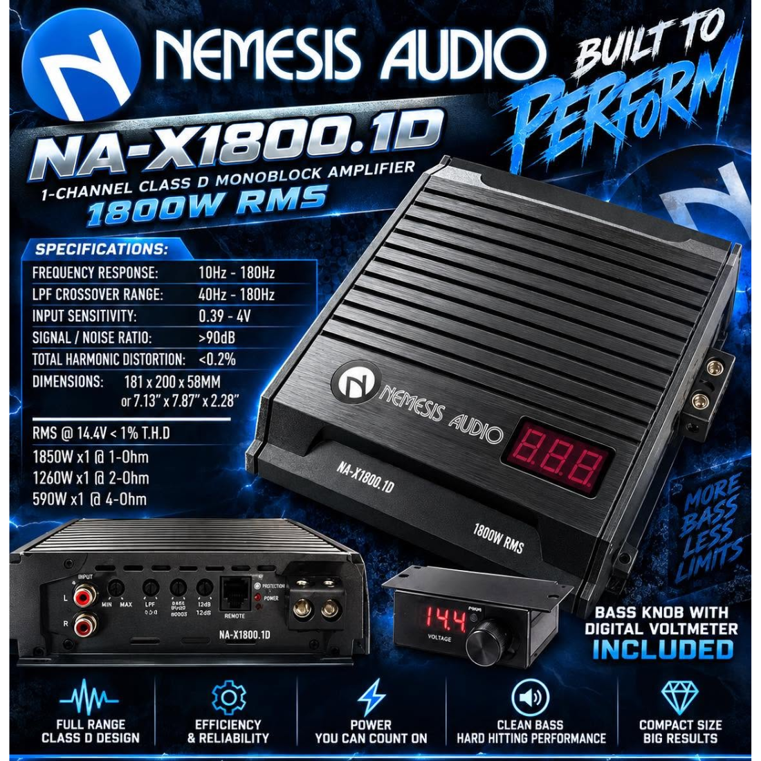 Nemesis Audio NA-X1800.1D 1-CH Monoblock 18000W RMS Class-D Full-Range Amplifier