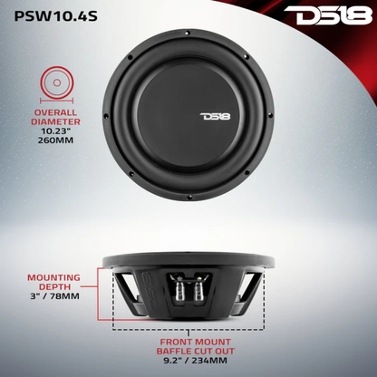 DS18 PSW10.4S 10" 1000W Max Single 4-Ohm SVC Water Resistant Shallow Subwoofer