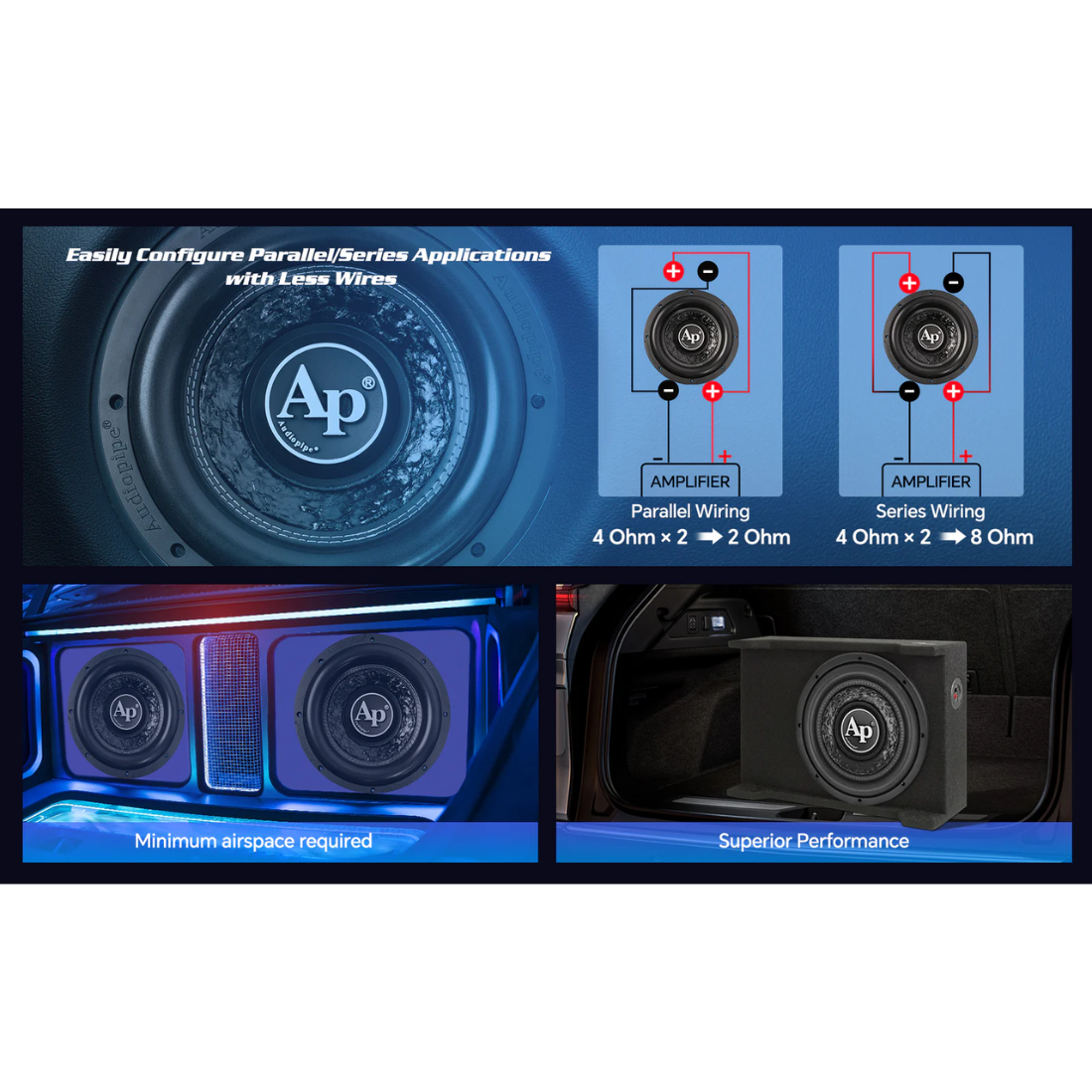 Audiopipe TXX-FB1000 10" 600W Peak Dual 4-Ohm DVC Shallow Mount Car Subwoofer