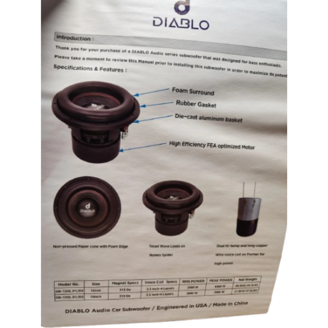 Diablo DB-15XL D1 15" 7000W Peak Dual 1-Ohm Voice Coil DVC Car Audio Subwoofer